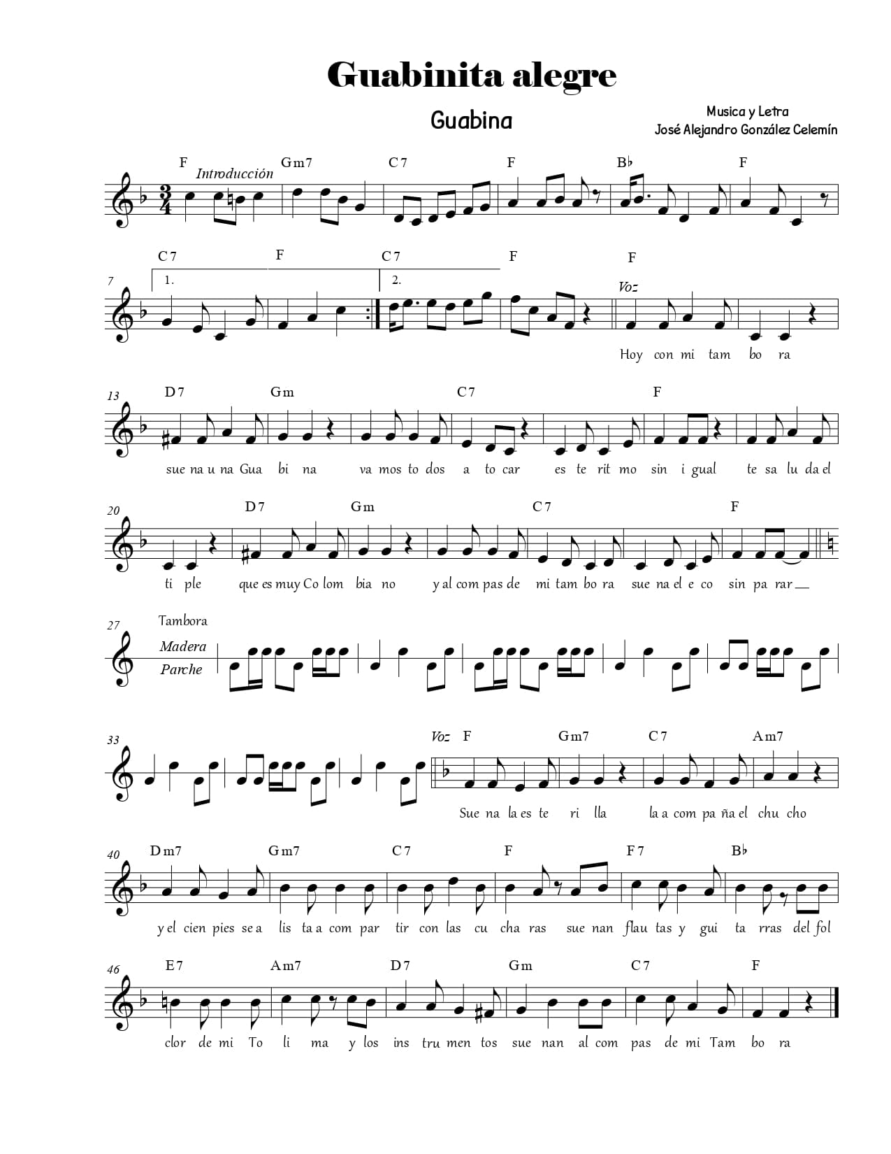 Partitura de la canción Guabinita alegre