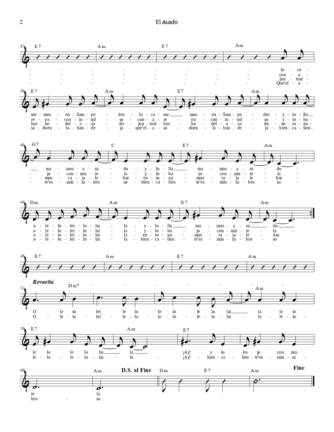 Partitura de la canción El Asado